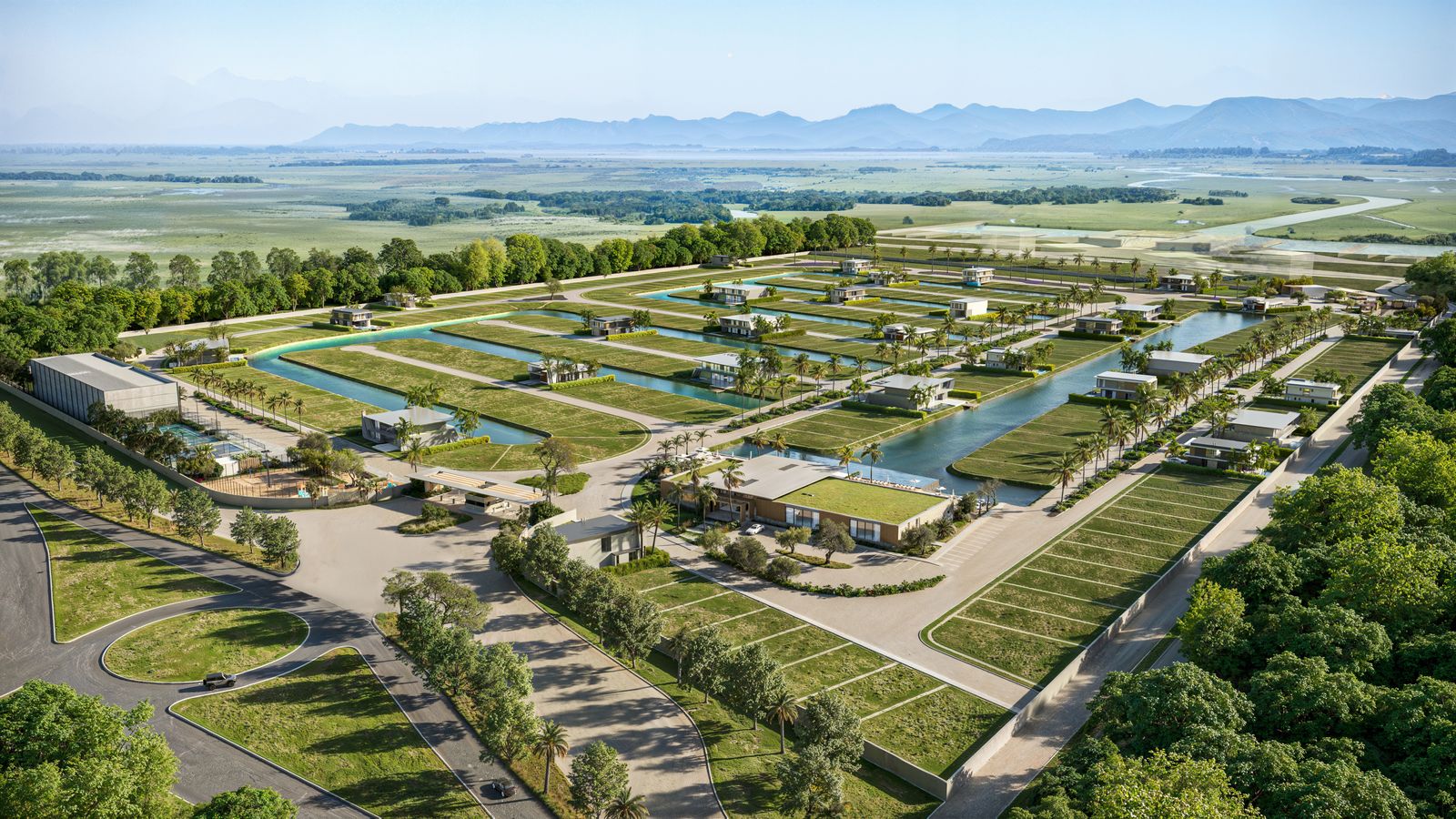 Aura Garden Place – Vista aérea com os lagos e o novo acesso