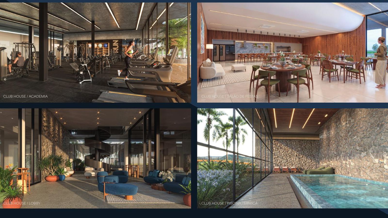 Brávia – Club House: academia, salão de festas e lobby